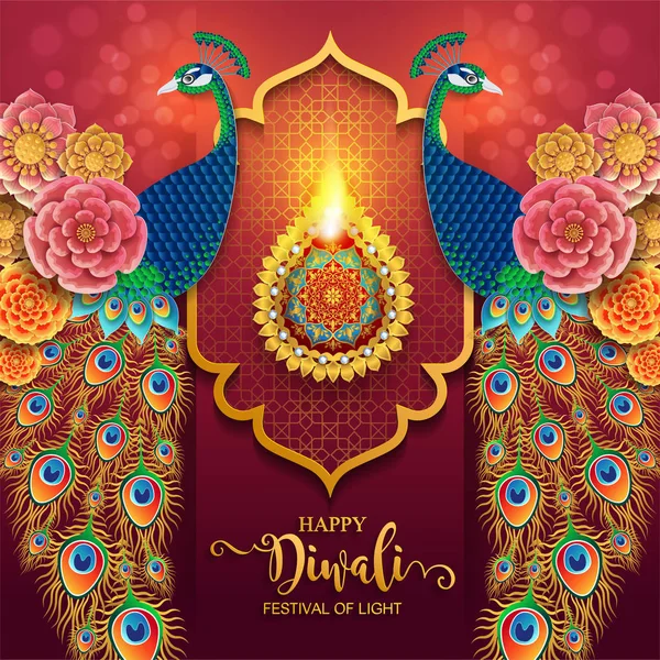 Tarjeta Del Festival Diwali Feliz Con Diya Oro Modelado Cristales — Vector de stock