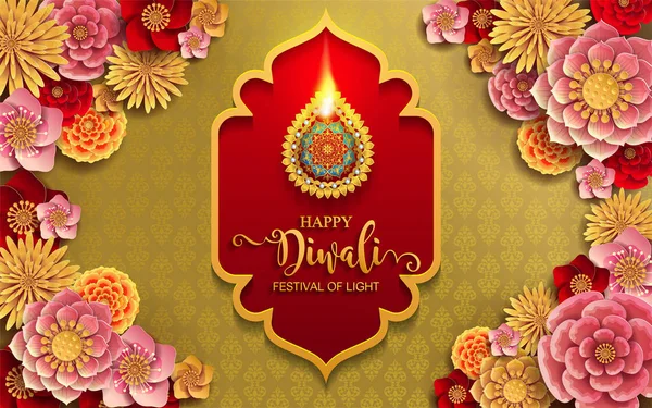 Happy Diwali Festival Card Gold Diya Patterned Crystals Paper Color — Stock Vector