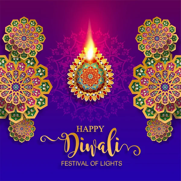 Glücklich Diwali Festival Karte Mit Gold Diya Gemustert Und Kristallen — Stockvektor