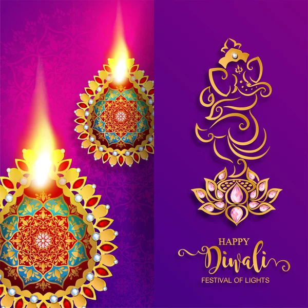 Glücklich Diwali Festival Karte Mit Gold Diya Gemustert Und Kristallen — Stockvektor