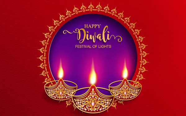 Mutlu Diwali festivali kartıyla altın diya desenli ve kristaller kağıt üzerinde arka plan rengini.