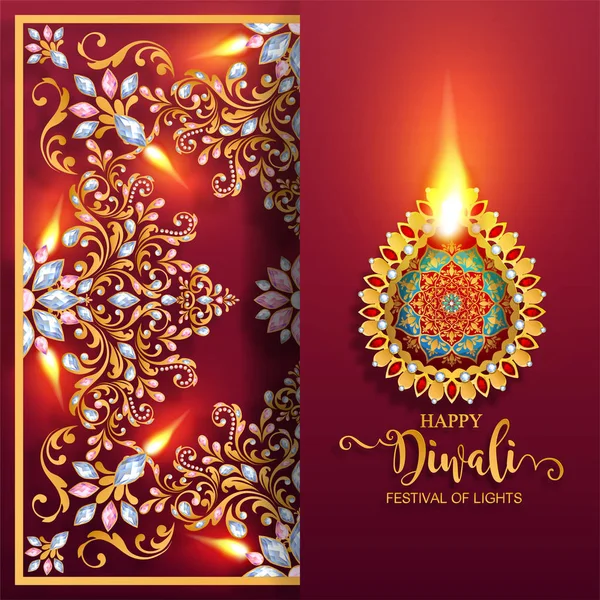 Happy Diwali Festival Card Gold Diya Patterned Crystals Paper Color — Stock Vector
