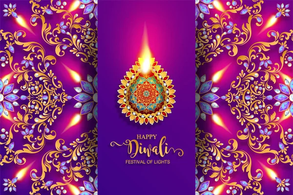 Happy Diwali Festival Card Gold Diya Patterned Crystals Paper Color — Stock Vector