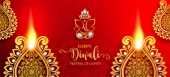 Šťastný Diwali festival kartu s zlaté diya vzorované a krystaly na papíře, barva pozadí.