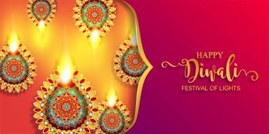 Mutlu Diwali festivali kartıyla altın diya desenli ve kristaller kağıt üzerinde arka plan rengini.