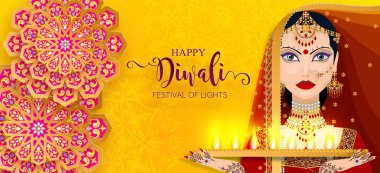 Mutlu Diwali festivali kartıyla altın diya desenli ve kristaller kağıt üzerinde arka plan rengini.