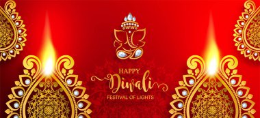 Mutlu Diwali festivali kartıyla altın diya desenli ve kristaller kağıt üzerinde arka plan rengini.