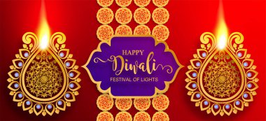 Mutlu Diwali festivali kartıyla altın diya desenli ve kristaller kağıt üzerinde arka plan rengini.