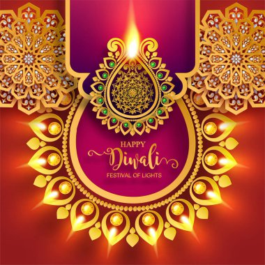 Mutlu Diwali festivali kartıyla altın diya desenli ve kristaller kağıt üzerinde arka plan rengini.