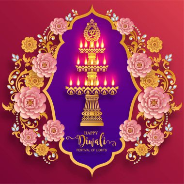 Mutlu Diwali festivali kartıyla altın diya desenli ve kristaller kağıt üzerinde arka plan rengini.