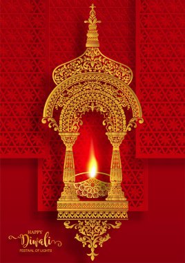 Mutlu Diwali festivali kartıyla altın diya desenli ve kristaller kağıt üzerinde arka plan rengini.