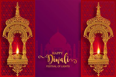 Mutlu Diwali festivali kartıyla altın diya desenli ve kristaller kağıt üzerinde arka plan rengini.