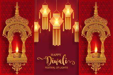 Mutlu Diwali festivali kartıyla altın diya desenli ve kristaller kağıt üzerinde arka plan rengini.