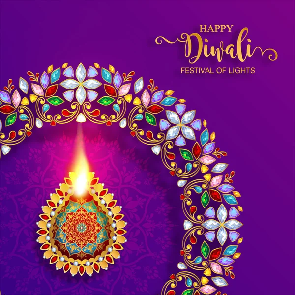 Happy Diwali Cartão Festival Com Ouro Diya Modelado Cristais Cor — Vetor de Stock