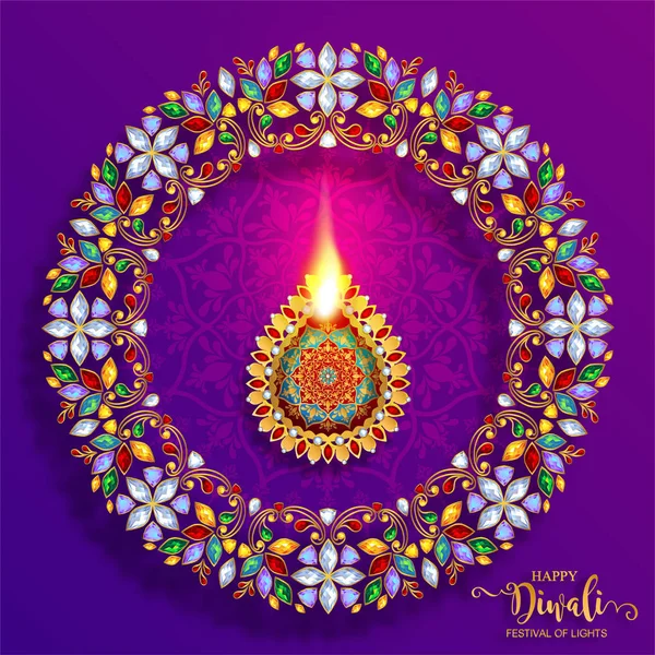 Glücklich Diwali Festival Karte Mit Gold Diya Gemustert Und Kristallen — Stockvektor