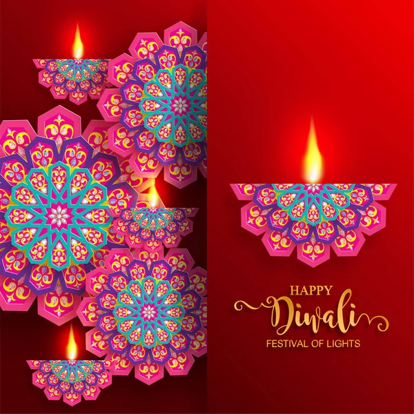 Happy Diwali Cartão Festival Com Ouro Diya Modelado Cristais Cor — Vetor de Stock
