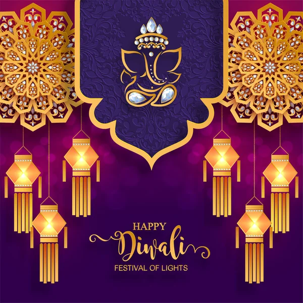 Tarjeta Del Festival Diwali Feliz Con Diya Oro Modelado Cristales — Vector de stock