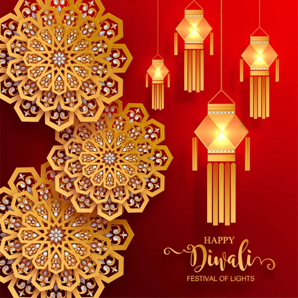 Tarjeta Del Festival Diwali Feliz Con Diya Oro Modelado Cristales — Vector de stock