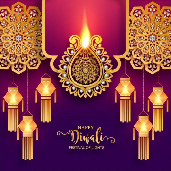 Happy Diwali Festivalkort Med Guld Diya Mönstrad Och Kristaller Papper — Stock vektor