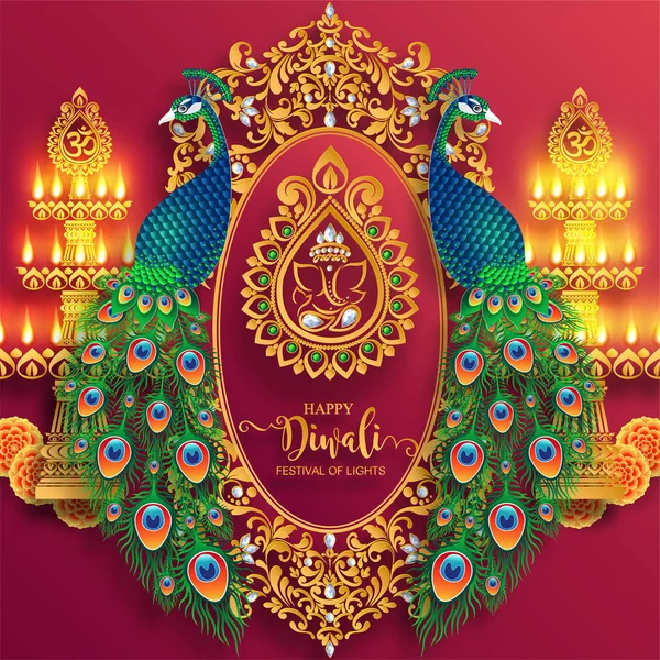 Glücklich Diwali Festival Karte Mit Gold Diya Gemustert Und Kristallen — Stockvektor