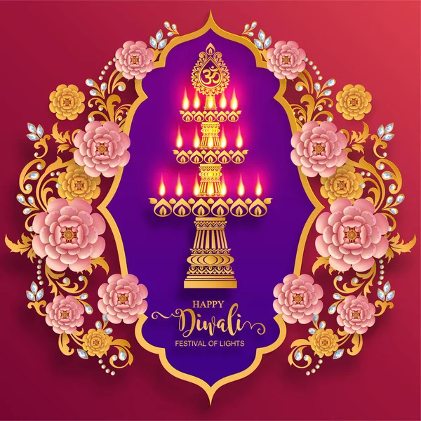 Happy Diwali Festival Card Con Oro Diya Fantasia Cristalli Sfondo — Vettoriale Stock