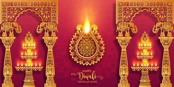 Happy Diwali Karty Festiwalu Gold Diya Wzorzyste Kryształy Papierze Kolor — Wektor stockowy