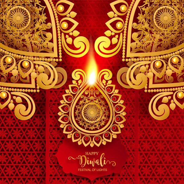 Happy Diwali Festival Card Con Oro Diya Fantasia Cristalli Sfondo — Vettoriale Stock