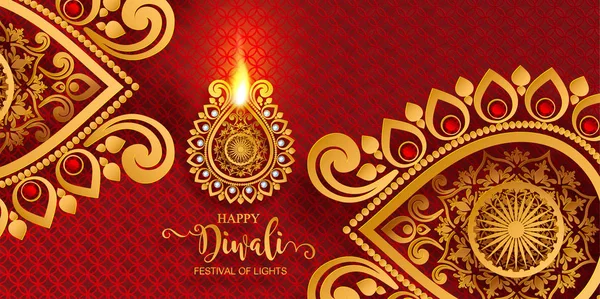 Happy Diwali Festival Card Gold Diya Patterned Crystals Paper Color — Stock Vector