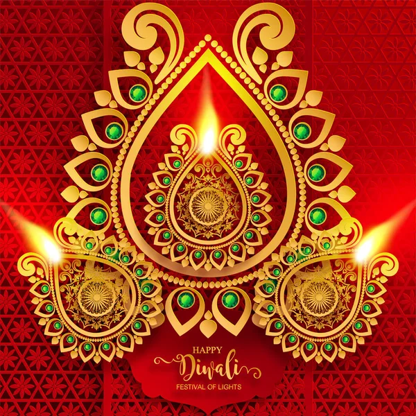 Happy Diwali Festival Card Con Oro Diya Fantasia Cristalli Sfondo — Vettoriale Stock