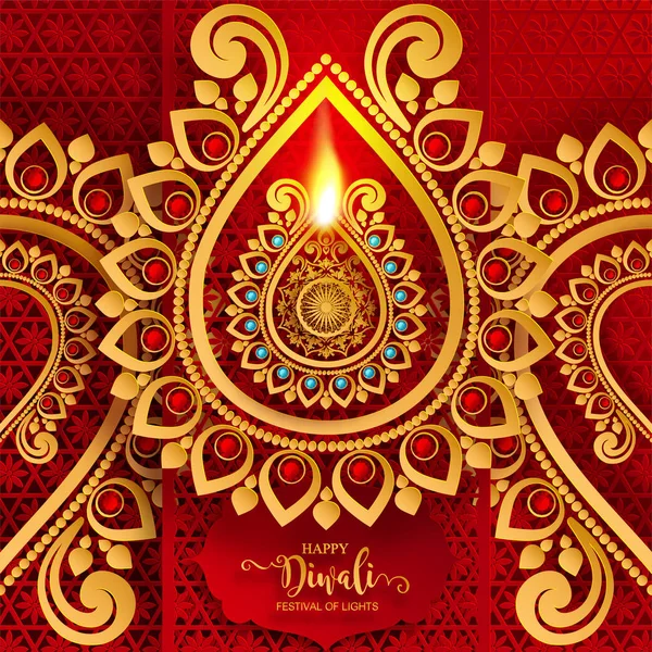 Happy Diwali Festival Card Gold Diya Patterned Crystals Paper Color — Stock Vector