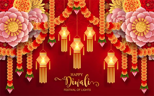 Ευτυχισμένο Diwali Φεστιβάλ Κάρτα Χρυσό Diya Μοτίβο Και Κρύσταλλα Χαρτί — Διανυσματικό Αρχείο