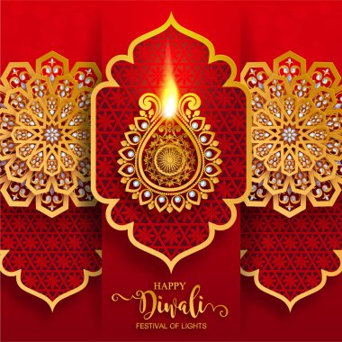 Mutlu Diwali festivali kartıyla altın diya desenli ve kristaller kağıt üzerinde arka plan rengini.