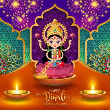 Mutlu Diwali festivali kartıyla altın diya desenli ve kristaller kağıt üzerinde arka plan rengini.