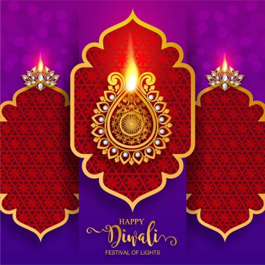 Mutlu Diwali festivali kartıyla altın diya desenli ve kristaller kağıt üzerinde arka plan rengini.