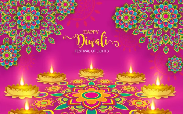Tarjeta Del Festival Diwali Feliz Con Diya Oro Modelado Cristales — Archivo Imágenes Vectoriales