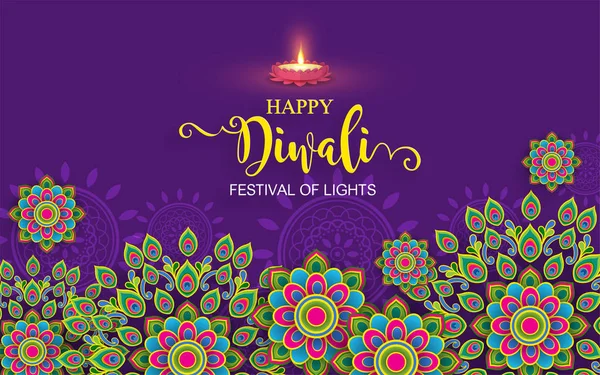 Happy Diwali Carte Festival Avec Diya Motifs Cristaux Sur Papier — Image vectorielle