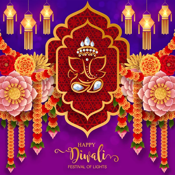 Happy Diwali Carte Festival Avec Diya Motifs Cristaux Sur Papier — Image vectorielle