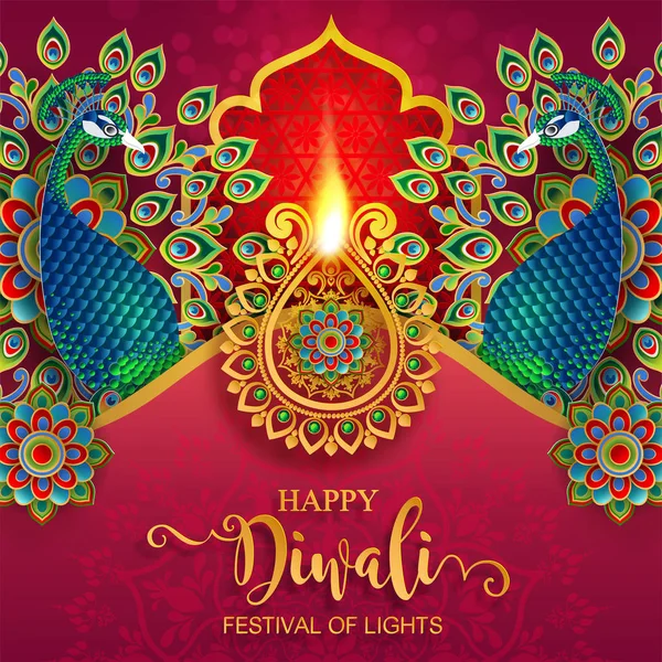 Happy Diwali Festival Card Con Oro Diya Fantasia Cristalli Sfondo — Vettoriale Stock