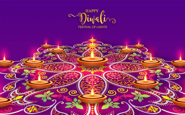 Tarjeta Del Festival Diwali Feliz Con Diya Oro Modelado Cristales — Vector de stock