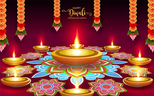 Happy Diwali Cartão Festival Com Ouro Diya Modelado Cristais Cor —  Vetores de Stock