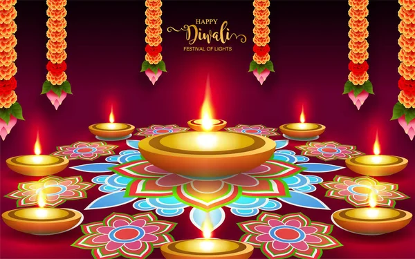 Happy Diwali Festivalkort Med Guld Diya Mönstrad Och Kristaller Papper — Stock vektor