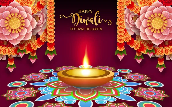 Happy Diwali Carte Festival Avec Diya Motifs Cristaux Sur Papier — Image vectorielle