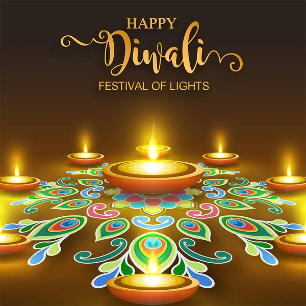 Tarjeta Del Festival Diwali Feliz Con Diya Oro Modelado Cristales — Vector de stock