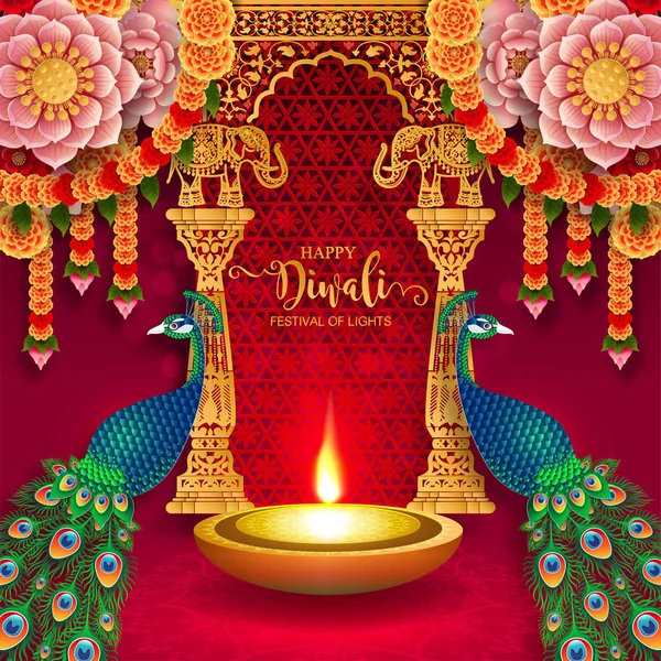 Gelukkige Diwali Festival Kaart Met Gouden Diya Patroon Kristallen Papier — Stockvector