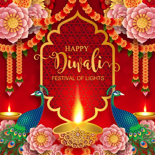 Tarjeta Del Festival Diwali Feliz Con Diya Oro Modelado Cristales — Vector de stock