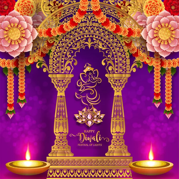 นเทศกาล Diwali วยทอง Diya ปแบบและคร ลบนกระดาษส นหล — ภาพเวกเตอร์สต็อก