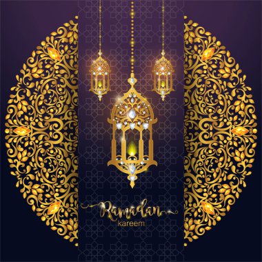 Ramazan Kareem tebrik arka plan İslam desenli altın ve kağıt renk arka plan üzerinde kristalleri ile. 