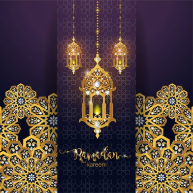 Ramazan Kareem tebrik arka plan İslam desenli altın ve kağıt renk arka plan üzerinde kristalleri ile. 