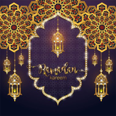 Ramazan Kareem tebrik arka plan İslam desenli altın ve kağıt renk arka plan üzerinde kristalleri ile. 