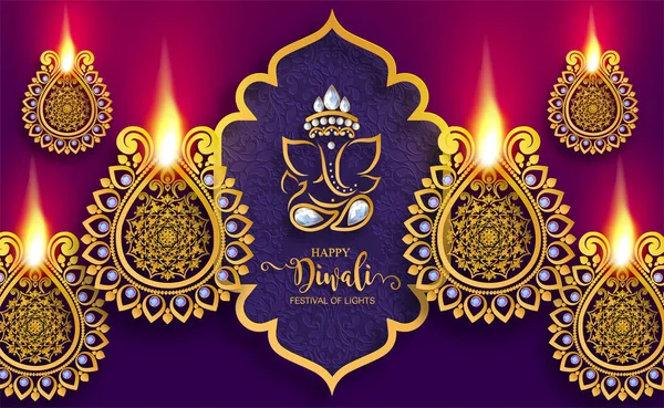 Happy Diwali Festival Card Con Oro Diya Fantasia Cristalli Sfondo — Vettoriale Stock